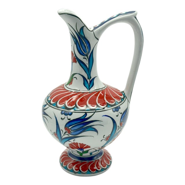 Handmade Ceramic Pitcher (20cm) – Red Petal Collar & Blue Tulips – Compact Lion’s Mouth Vase For Sale