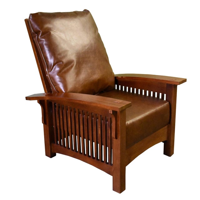 2020s Craftsman / Mission Leather and Oak Morris Chair - Chestnut For Sale - Image 5 of 7