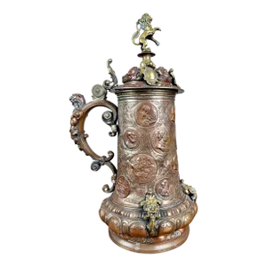 18th Century Figural Brass & Coin Tankard Stein