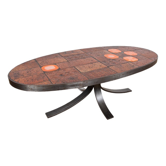 Coffee Table in Lava Stone, Ceramic and Steel by Jean Jaffeux, 1960s For Sale