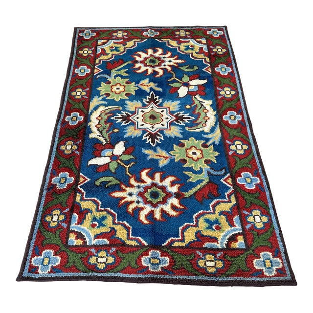 Blue Moroccan Art Deco Hand-Knotted Wool Rug - 7'5" X 4'2" For Sale