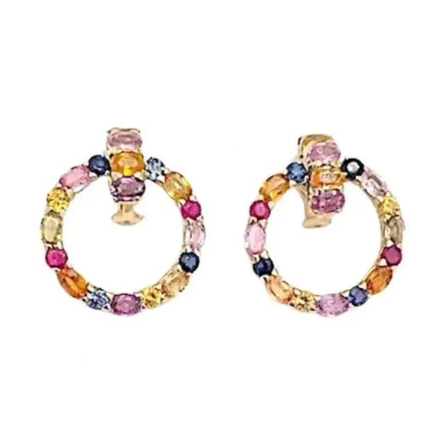 Christina Addison 18kt Yellow Gold Elegant Three Stone Drop Earrings With Faceted Oval Amethyst and Blue Topaz and Citrine. For Sale - Image 12 of 12