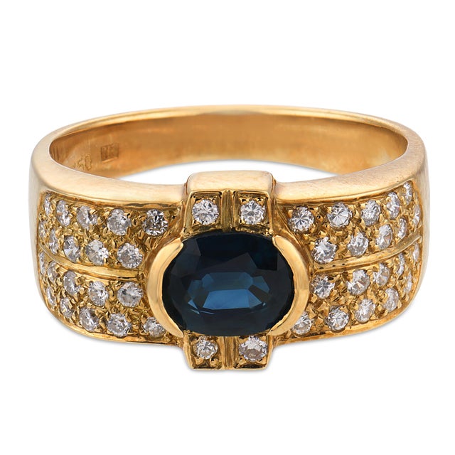 Contemporary Vintage Sapphire Diamond 18k Yellow Gold Ring, Size 6 For Sale - Image 3 of 6
