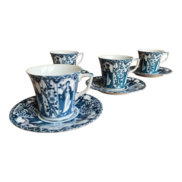 Antique Chinese Qing Dynasty Export Blue and White Teacups and Saucers, 4 Pairs For Sale