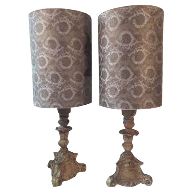 Mid-Century Carved Wooden Table Lamps, Set of 2 For Sale