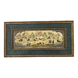 1980s Large Hand-Painted Persian Miniature Hunt Scene in Marbled & Gilt Wood Frame – 25” × 13” For Sale