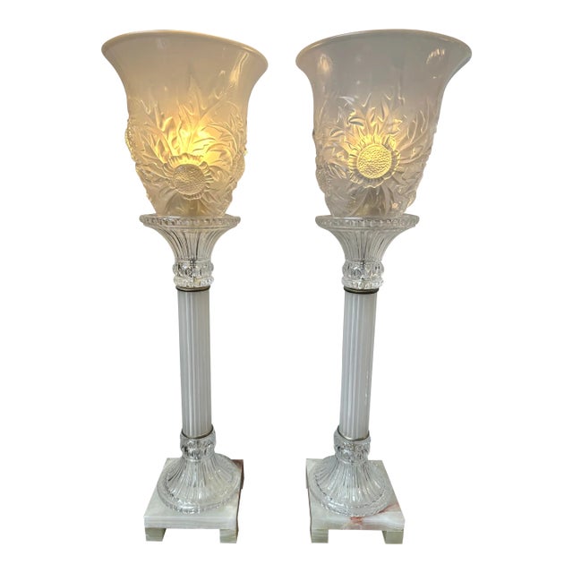 Torchiere Fenton Glass Table Lamps - a Pair For Sale