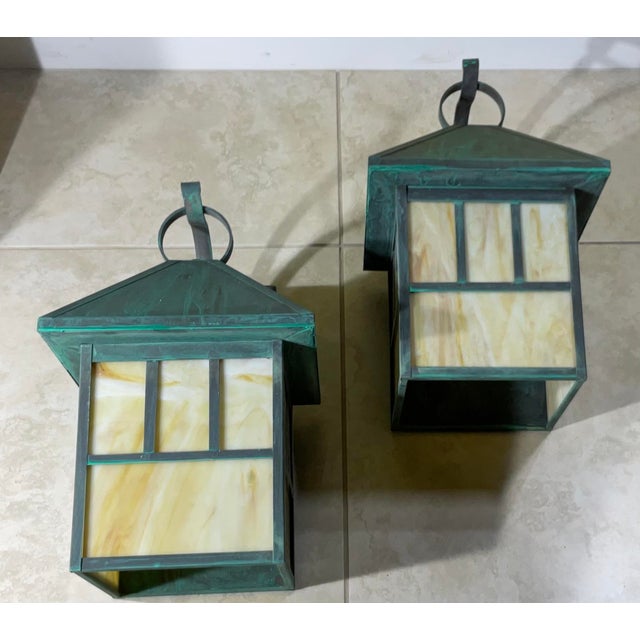 Pair of Vintage Solid Brass Outdoor Lanterns – Arts & Crafts Mission Style For Sale - Image 11 of 14