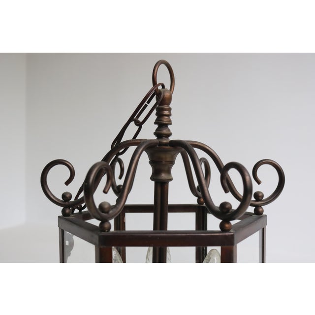 Brown French Neoclassical Brass and Star Etched Glass Hanging Lantern, 1950s For Sale - Image 8 of 13