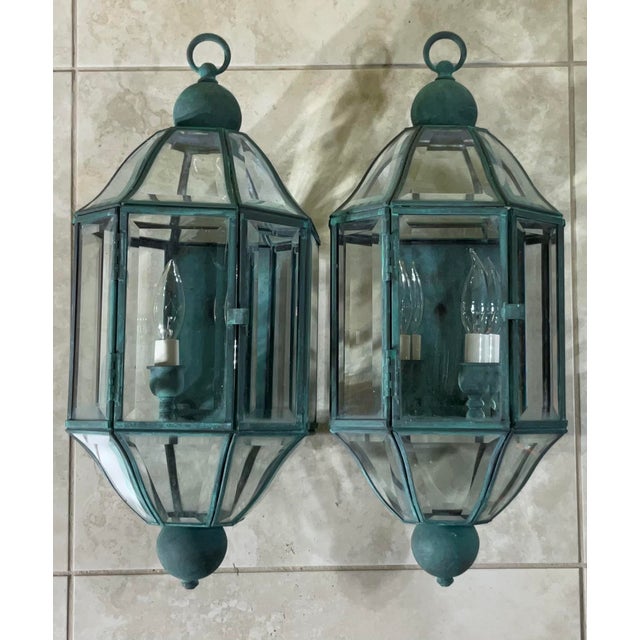 Pair of Vintage Solid Brass & Beveled Glass Wall Lantern - Sconces - Verdigris For Sale - Image 4 of 14