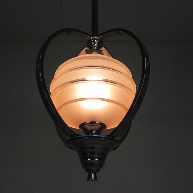 Art Deco Pendant Lamp with Glass Shade and Chrome Frame, 1930s For Sale - Image 10 of 18