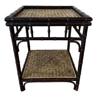 Vintage Palecek Faux Bamboo Carved and Rattan Two-Tier Side Table For Sale