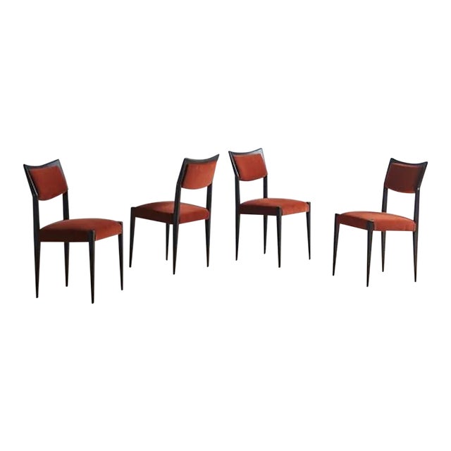 Set of 4 Wood Frame Dining Chairs in Rust Velvet, Italy 1960s For Sale