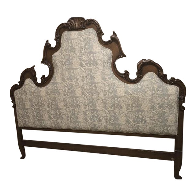 Vintage French Provincial Carved Wood & Upholstered Headboard – King Size For Sale
