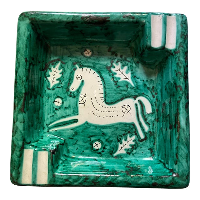 Mid Century Modern Italian Ceramic Turquoise Ashtray or Pin Tray Jumping Horse For Sale