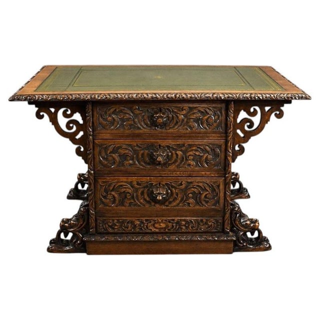 Victorian Carved Oak Partners Writing Table, 1880 For Sale - Image 13 of 13