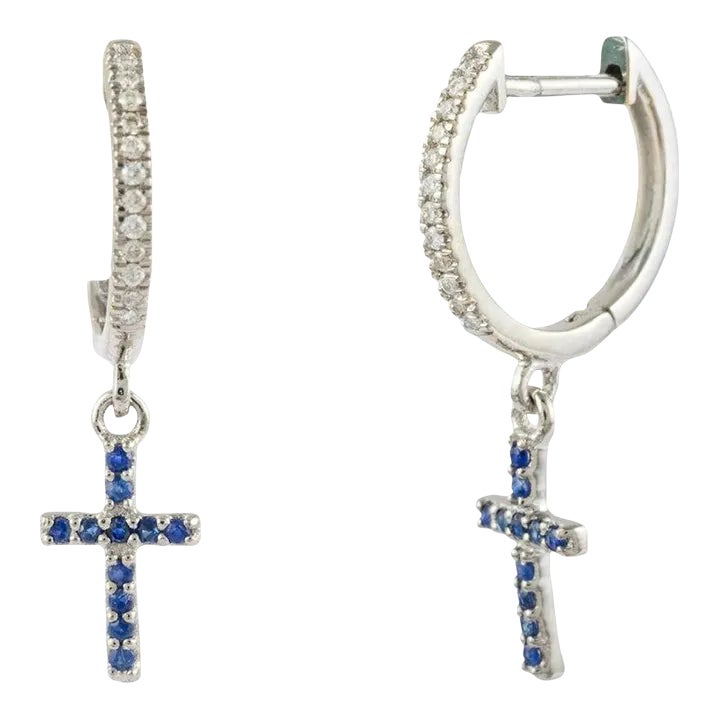 Sapphire Cross Dangling Hoop Earrings With Diamonds 18k Solid White