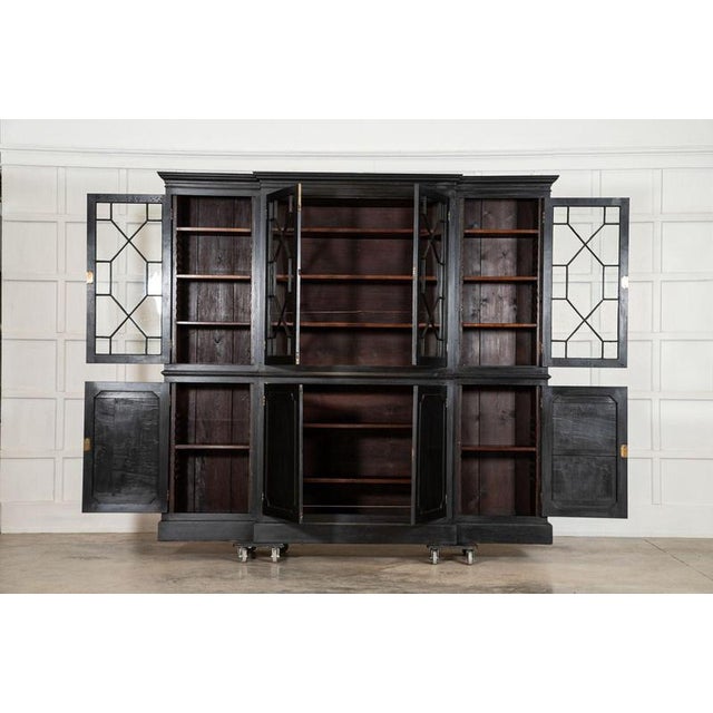Circa 1870 monumental 19thc english ebonised glazed mahogany bookcase sku 2283 w236 x d42.5 x h216 cm bottomlhs internal...