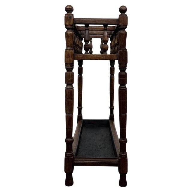 Antique English Edwardian Umbrella and Stick Stand in Oak, 1900s For Sale - Image 4 of 10
