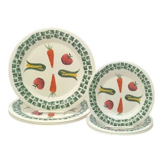 White Glass Dinner & Side Plates With Vintage Vegetable Motif by Arcopal France - Set of 8 For Sale