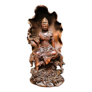 Hand-Carved Solid Wood Zizai Guan Yin Buddha on Lotus Pedestal For Sale