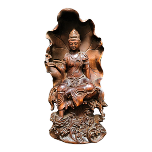 Hand-Carved Solid Wood Zizai Guan Yin Buddha on Lotus Pedestal