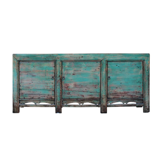 Distressed Pastel Teal Blue Finish High Credenza Console Buffet