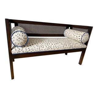 Vintage Mid-Century Cane Bench Settee with Les Touches Upholstery For Sale