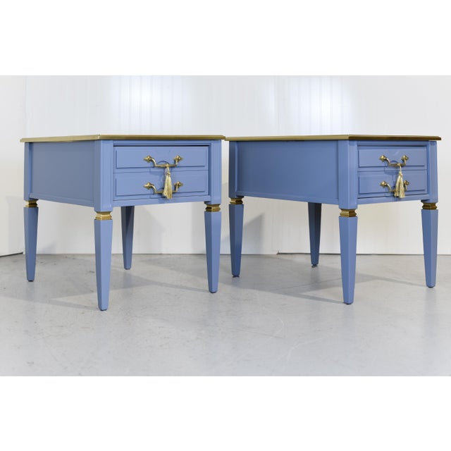 Straight out of our spray studio, we have a pair of Mid Century Transitional Side Tables in Blue and Gold. These handsome...