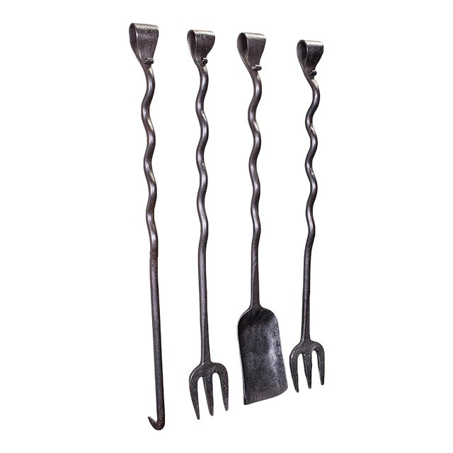 4 Antique Country House Inglenook Fire Tools, English, Companion Set, Victorian For Sale