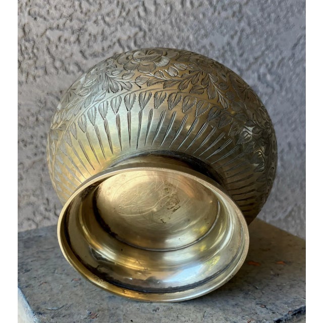 Circa 1970 Engraved Floral & Foliate Ikebana-Style Brass Pedestal Base Flower Frog For Sale - Image 11 of 14