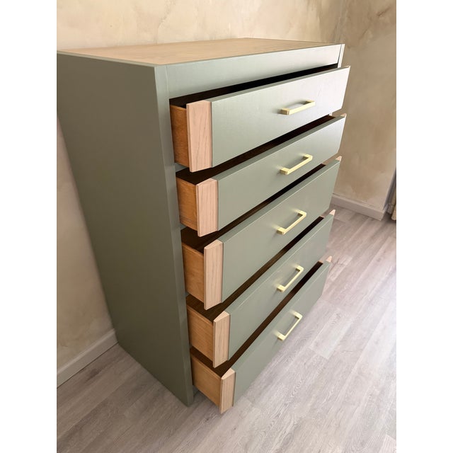 1970s Sage Green Tall Dresser | Organic Modern Chest of Drawers With Natural Wood Accents For Sale - Image 9 of 10