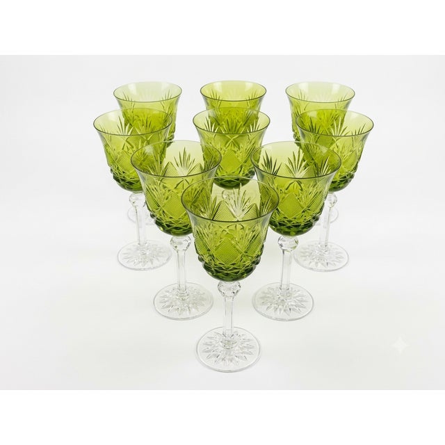 Mid-Century Modern Vintage Czech Olive Green Cut Crystal Glasses, 1960s, Set of 8 For Sale - Image 3 of 3