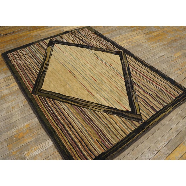 1930s Ivory Rhombus Antique American Hooked Rug 4'5" X 5'8" Handknotted Wool Carpet For Sale - Image 4 of 6