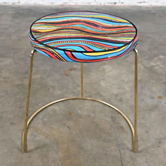 Vintage MCM Stool With Round Colorful Vinyl Seat & Brass Plated Steel Asymmetric Base For Sale - Image 13 of 13