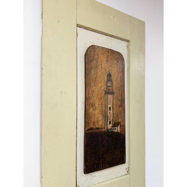Vintage Painting Lighthouse Folk Art on Tan Wooden Frame Coastal Nautical For Sale - Image 4 of 7