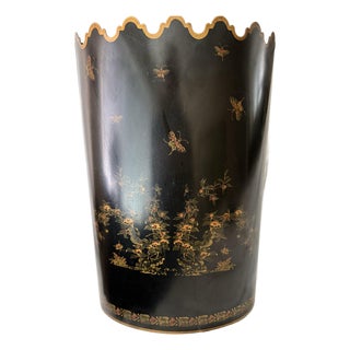 Mid-Century Italian Hand-Painted Chinoiserie Tole Wastebasket for Bergdorf Goodman For Sale