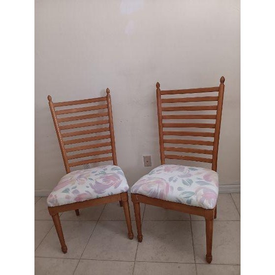 Wood Vintage Ladder Back Dining Chair Wood Frame Upholstered Seat Set of 4 For Sale - Image 7 of 8