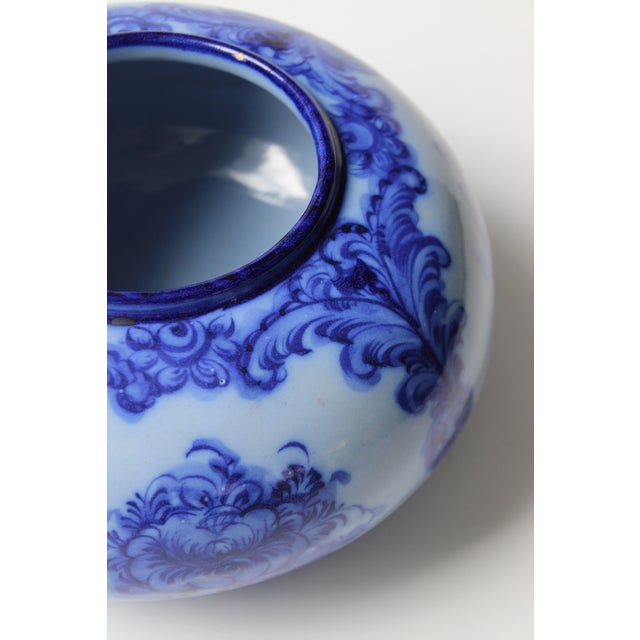 Royal Blue Signed European (Flow Blue) Style Hand Painted Rounded Vase For Sale - Image 8 of 8