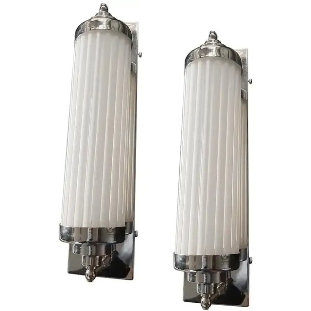 Metal Vintage Art Deco Skyscraper Wall Sconces Fixture in Nickel Brass & Milk Glass - a Pair For Sale - Image 7 of 7