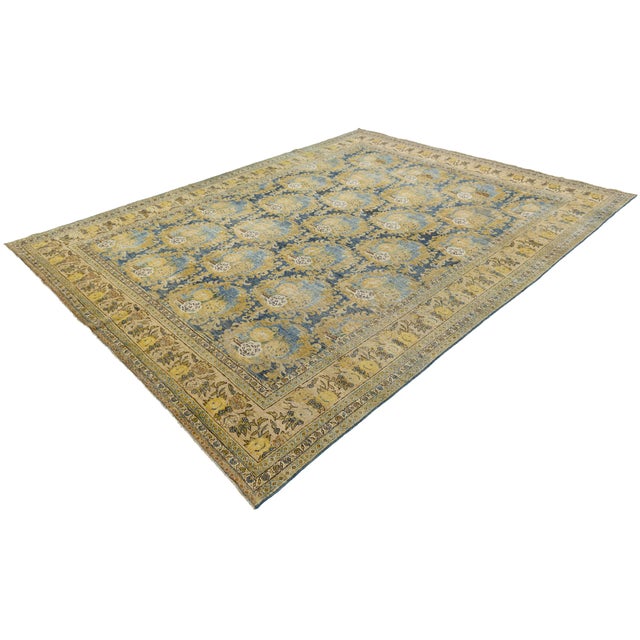 Blue Antique Mahal Rug With Muted Ochre and Indigo Blue Floral Medallions For Sale - Image 8 of 12