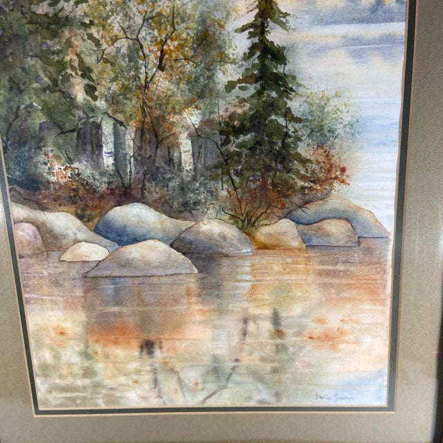 Original Watercolor Art North Woods Lake Katie George Birch Bark Frame 23x30 For Sale - Image 4 of 7