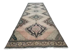 1970s Hand Knotted Vintage Turkish Anatolian Oushak Runner 3'8" X 12'8"