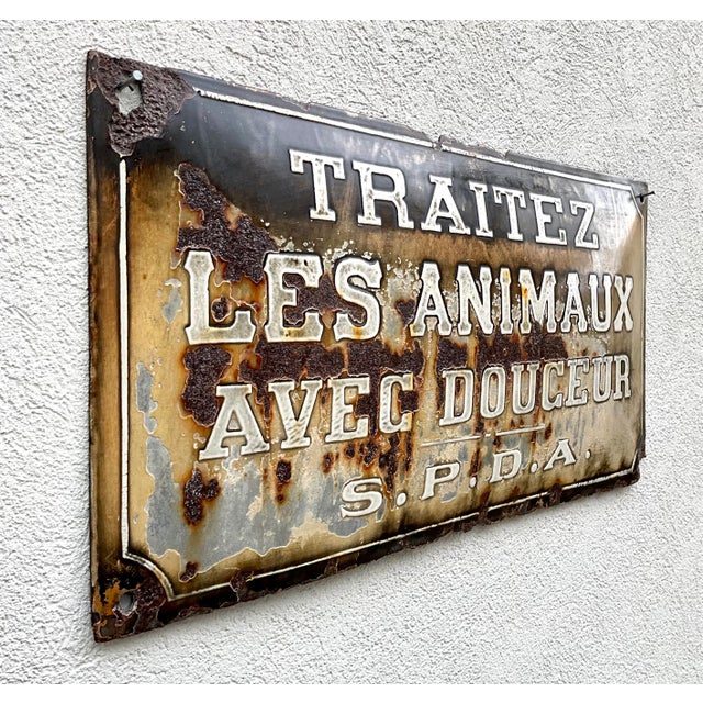 Metal Antique Belgian Embossed Enamel Animal Protection Sign, 1905 For Sale - Image 7 of 11