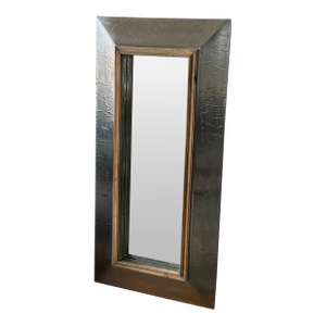 Vintage Large Farm House Mirror in Hammered Aluminum and Wood