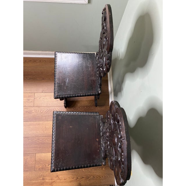 Pair of 19th-Century Italian Renaissance Revival Carved Walnut Sgabelli Chairs For Sale - Image 11 of 12