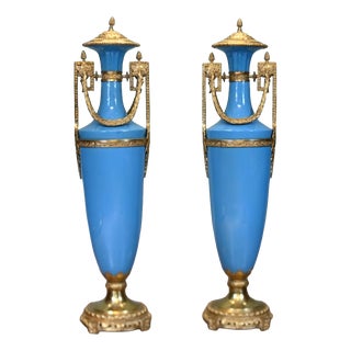 Empire Revival French Classical Porcelain Ormolu Urns, Set of 2 For Sale