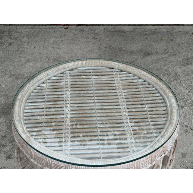 Vintage Whitewashed Rattan Petite Center Table With Thick Glass Top For Sale - Image 10 of 10