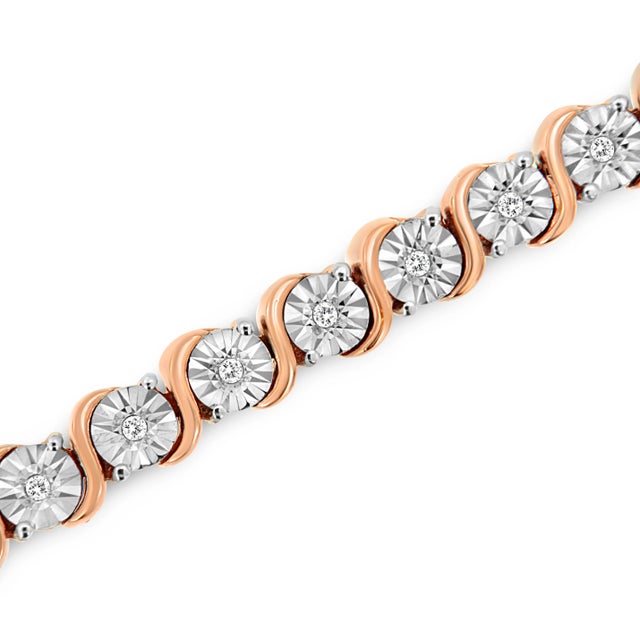 Contemporary 14K Rose Gold Plated .925 Sterling Silver 1/4 Cttw Diamond Round Miracle Plate and "S" Link Tennis Bracelet - 7" For Sale - Image 3 of 7