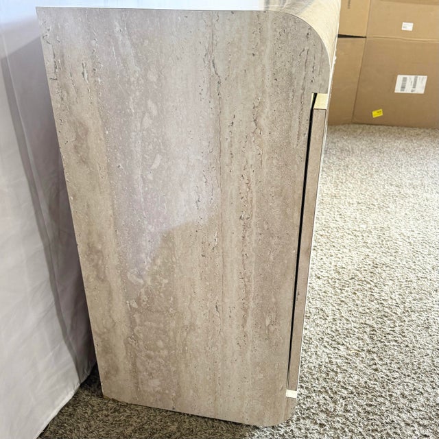 Wood Postmodern Faux Travertine Laminate Waterfall Credenza With Gold Accent For Sale - Image 7 of 9